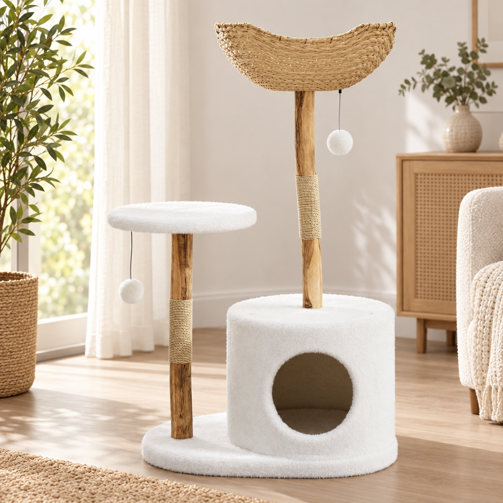 Arbre à chat avec panier tressé et niche ronde