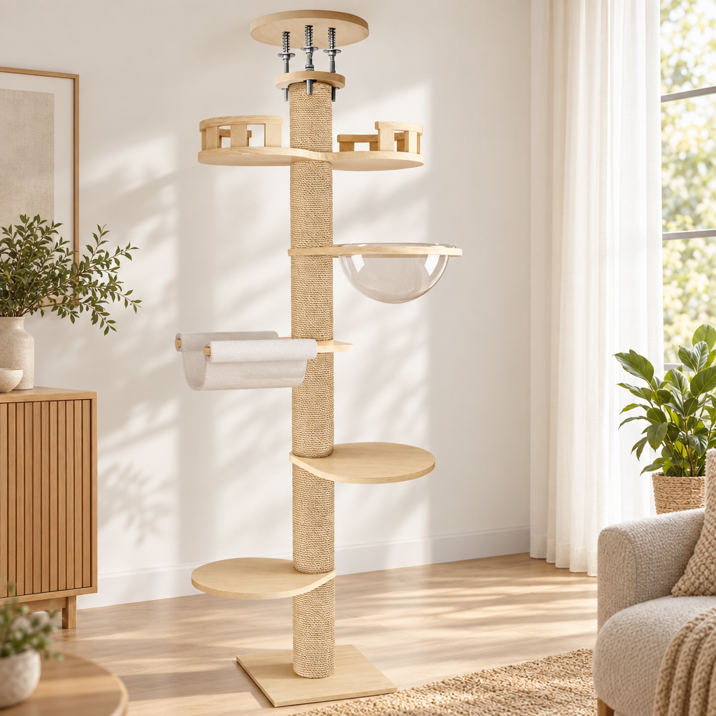 Arbre à chat sol-plafond avec capsule et plateformes