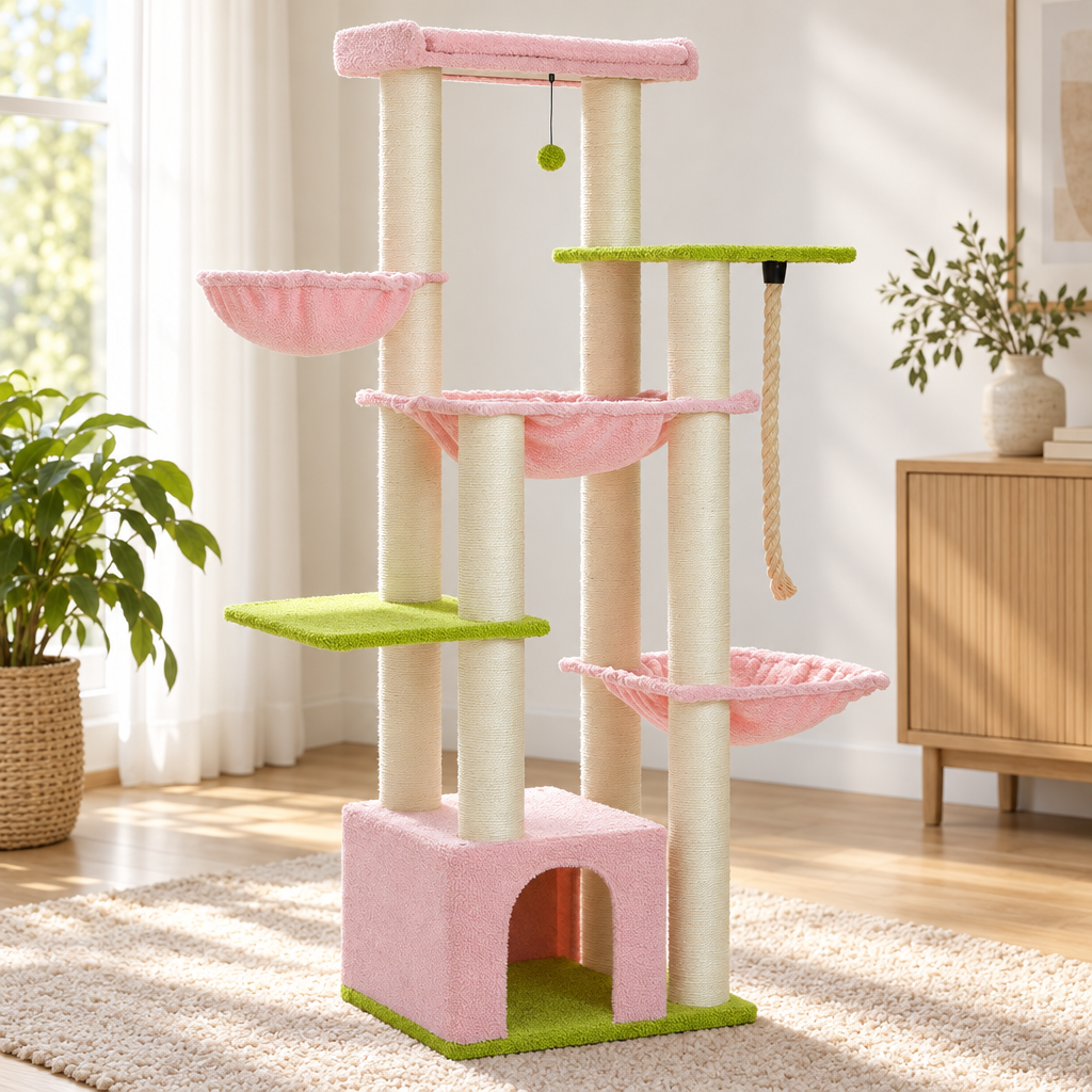 Arbre à chat 170 cm avec niche et trois hamacs