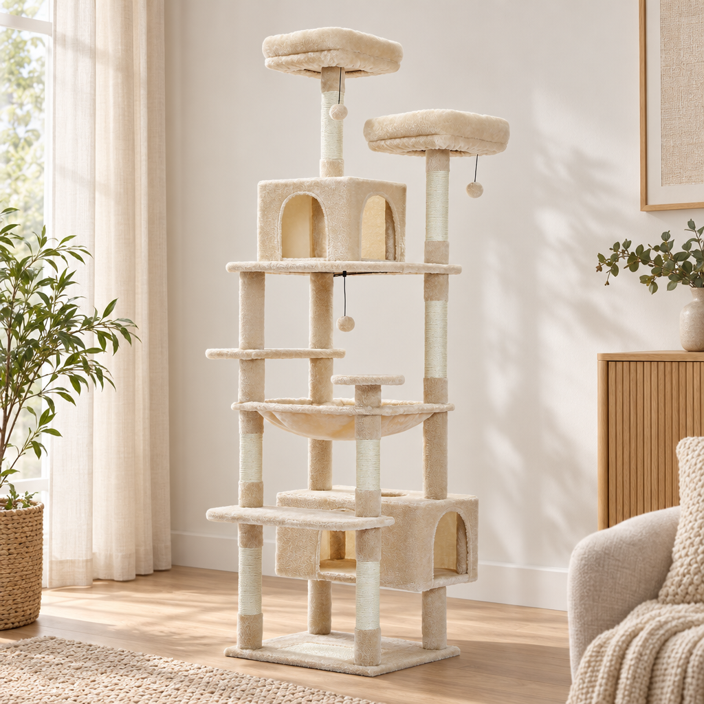 Arbre à chat en peluche — cinq modèles de couchages