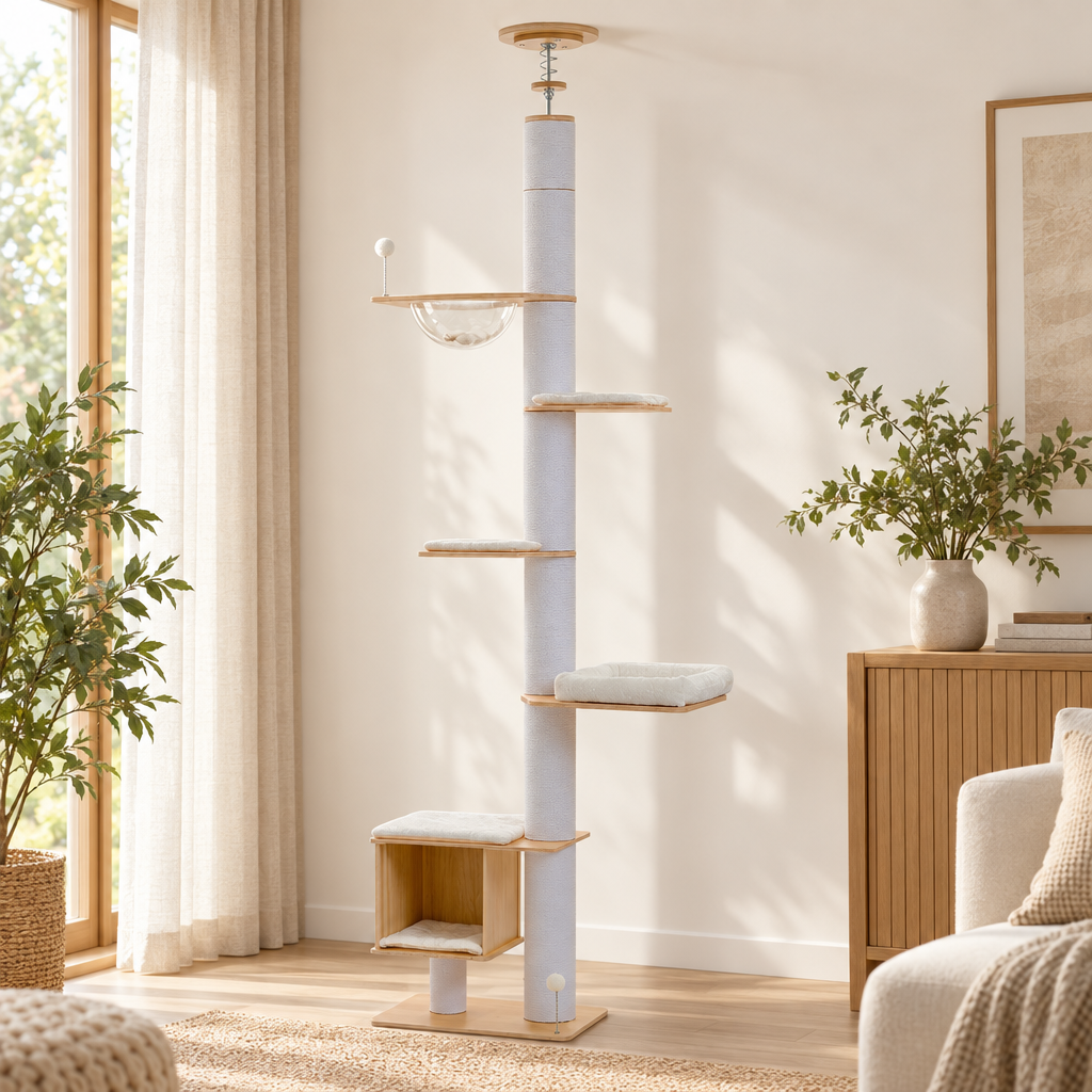 Arbre à chat sol-plafond — beige avec capsule ou blanc avec niche