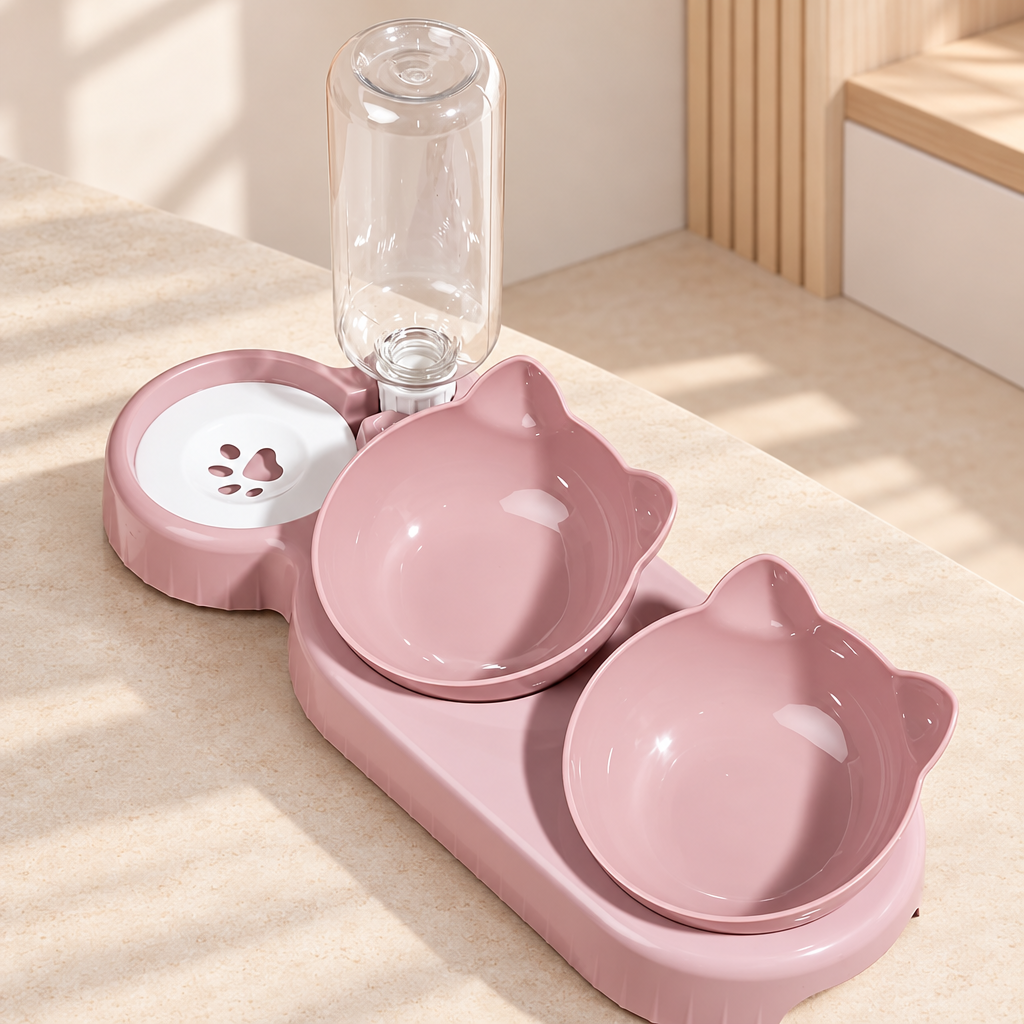 Double gamelle pour chat avec abreuvoir à bouteille
