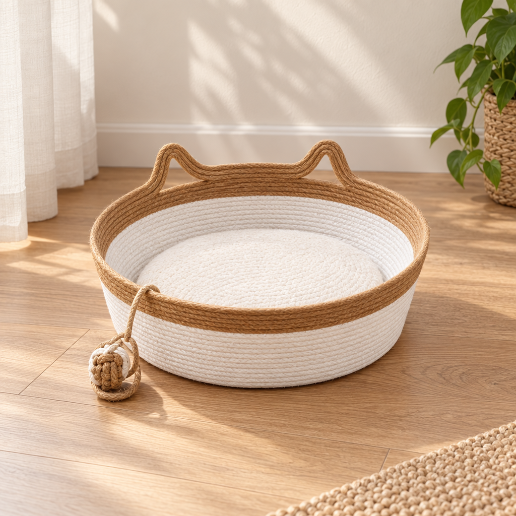 Panier pour chat original, corde tressée et jouet