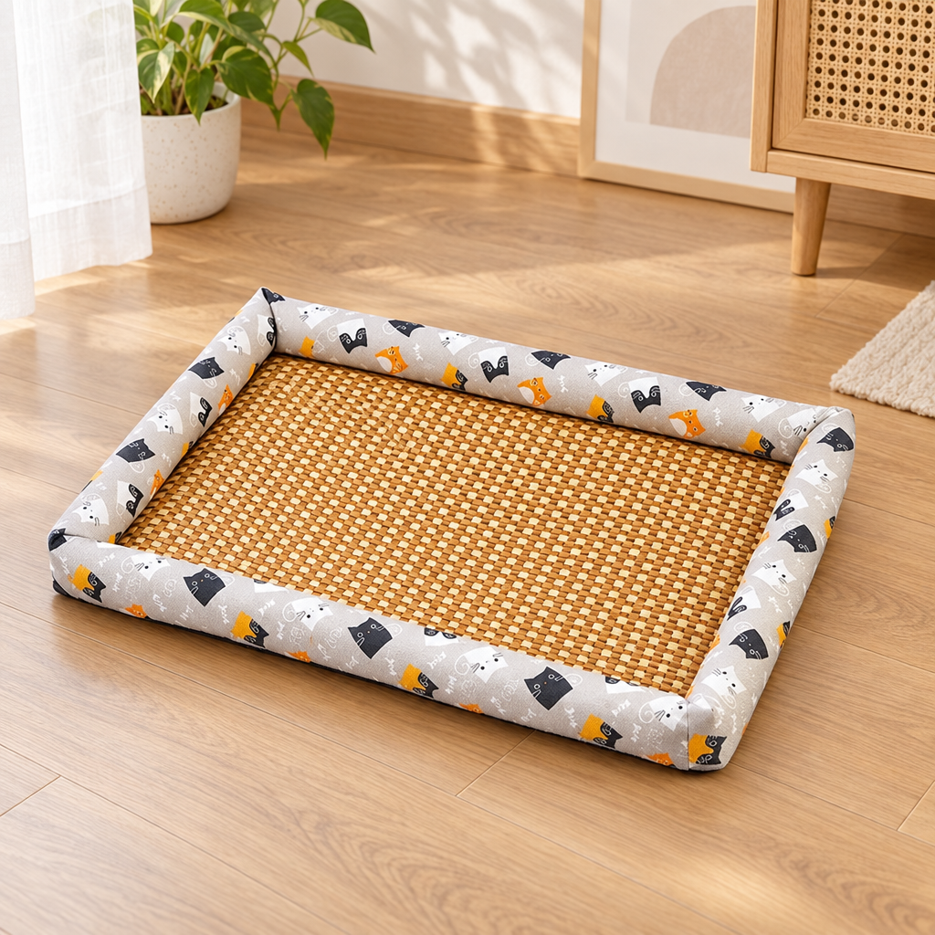 Panier plat pour chat, fond effet tressé et bordure à motifs